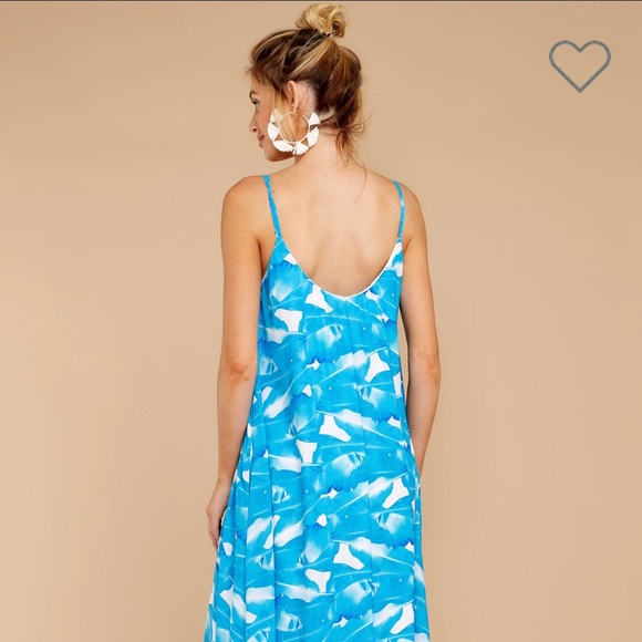 Bright Blue Palm Print Maxi Dress w/Pockets - Picture 6 of 8
